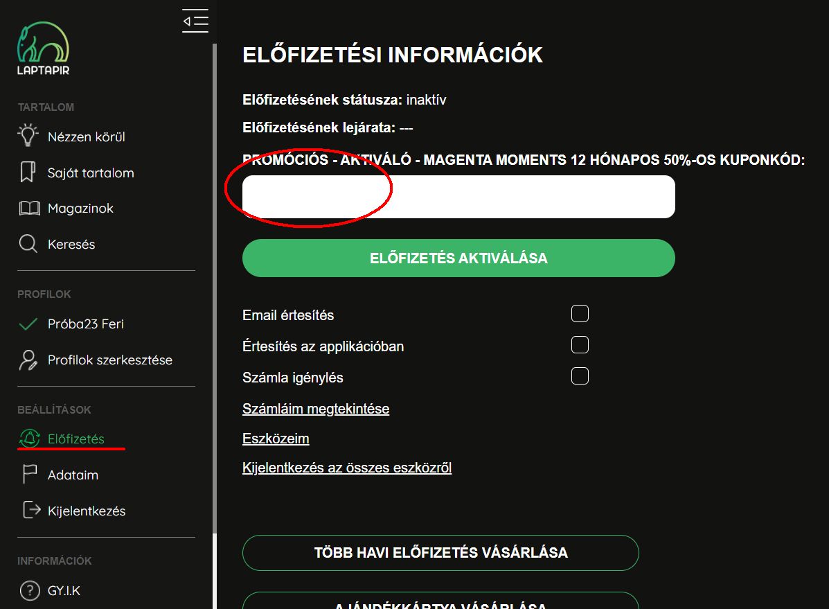 Aktiváló kód beírása